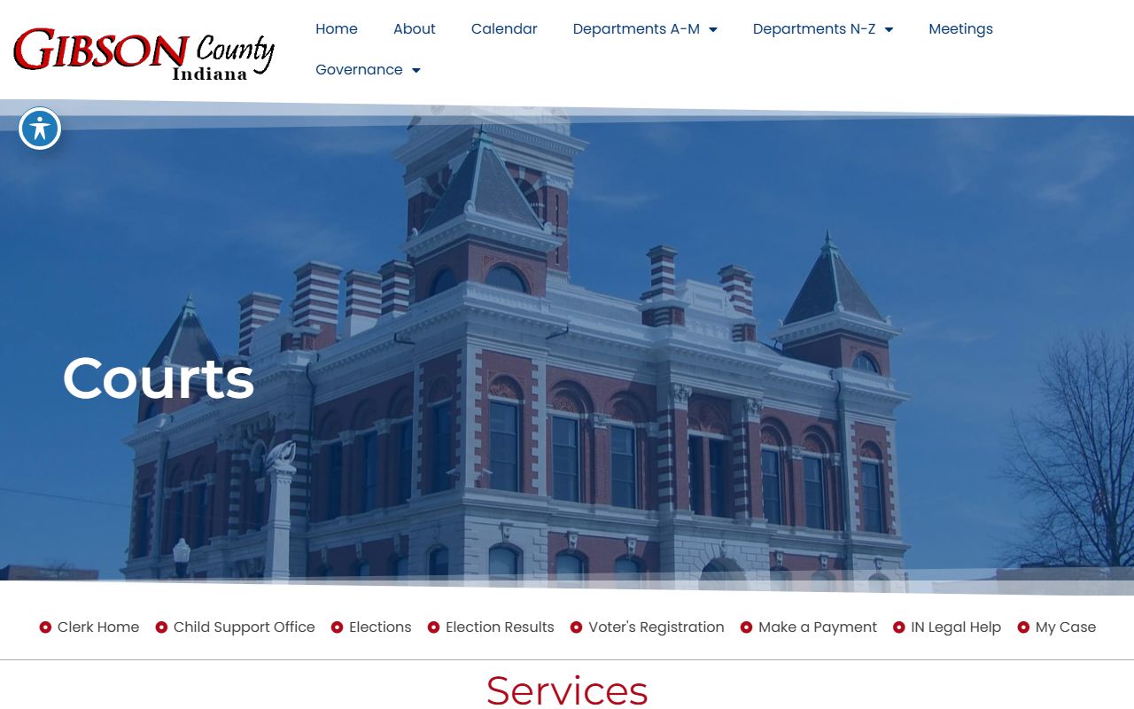 Gibson County Clerk courts page showing court divisions and services for DUI records