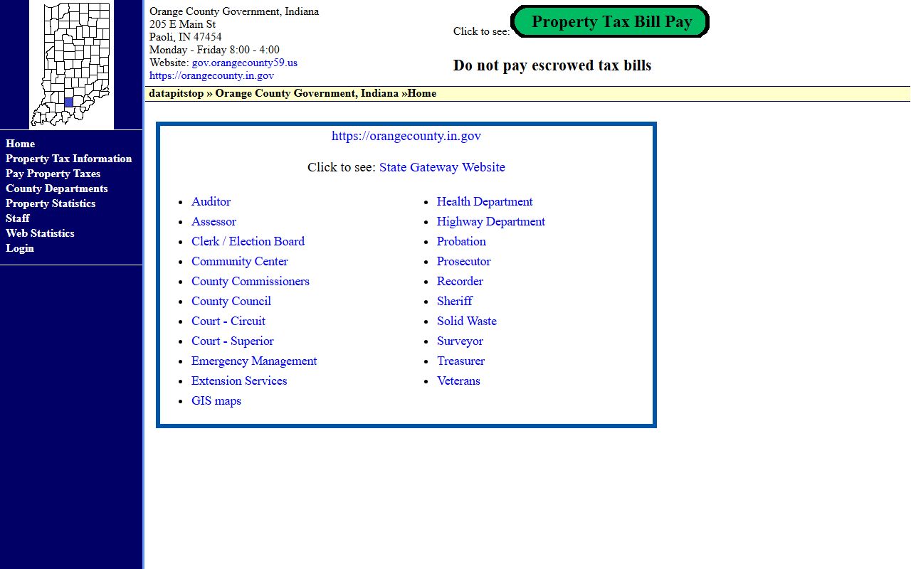 Orange County Indiana homepage with county department links