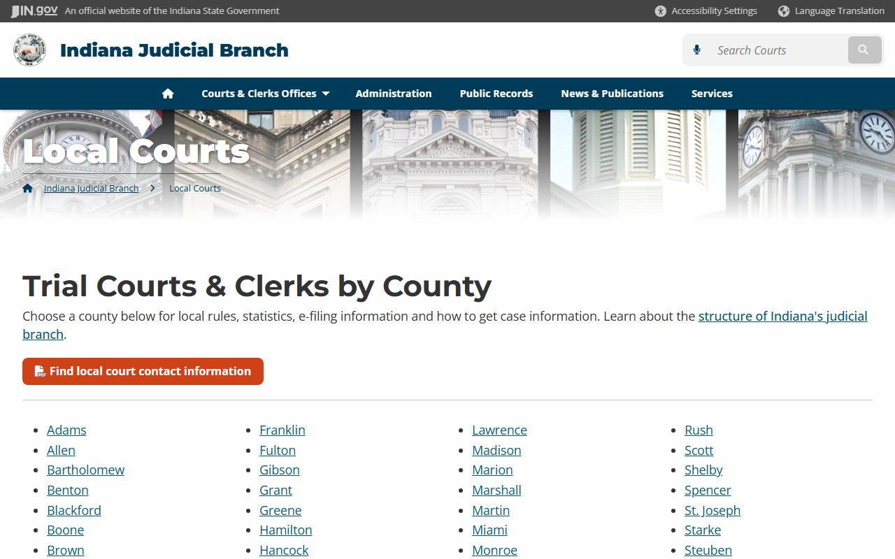 Indiana county courts directory for DUI and OWI case records