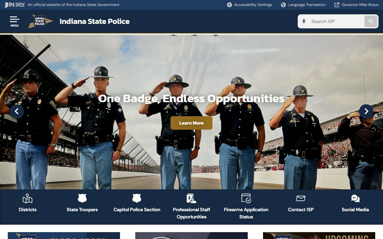 Indiana State Police homepage for DUI criminal record information
